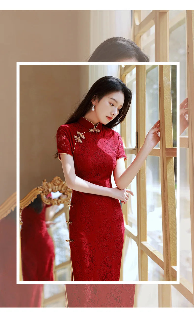 Wine Red Wedding Cheongsam Short Sleeve Vintage Improved Women Summer Lace Dress Slim-fit Elegant Qipao S To XXL Evening Dress - Seprincess