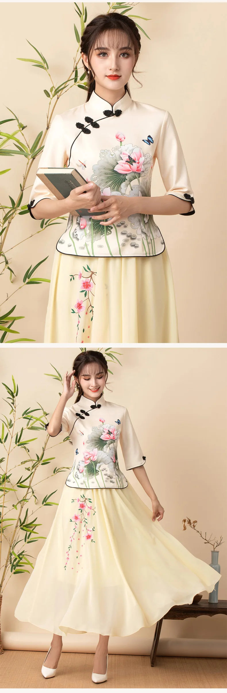 2023 Two Piece Cheongsam Chinese Dress Elegant Vintage Floral Print Modern Cheongsam Women Daily Qipao Dress Traditional Clothes - Seprincess