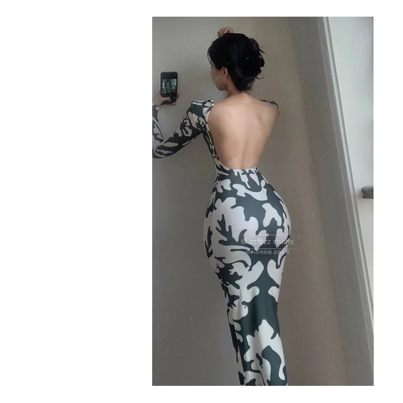 Winter New WOMENGAGA Sexy Backless Fashion Printing Elegant Skinny Slim Hip Maxi Dress Long Robe Hot Sexy Korean Women Top UC86 - Seprincess