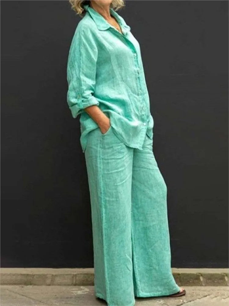 Solid Color Cotton Linen Shirt 2 Piece Set For Women Spring Autumn Long Sleeve Blouse Wide Leg Pants Suits Female Casual Outfits - Seprincess