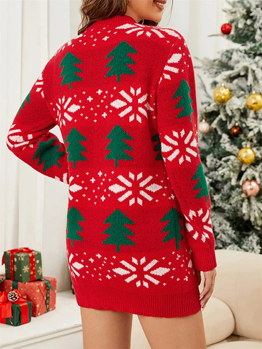 Women s Long Sleeve Turtleneck Knit Sweater Dress with Snowflake Pattern  Fit Bodycon Mini Dress for Christmas Party - Seprincess