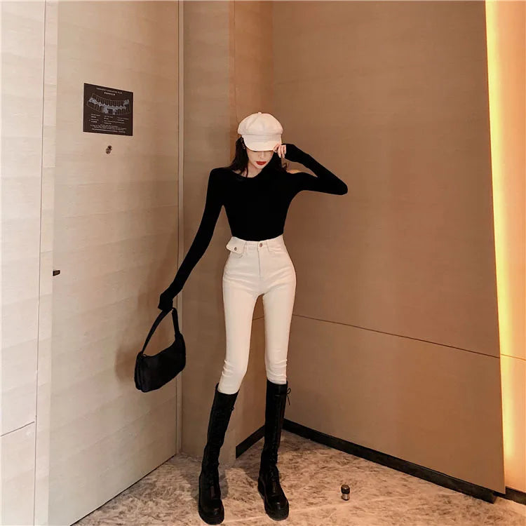 Jeans Women Spring 2023 Fashion Beige High Waist Leggings Skinny Label Pencil Pants Boots Pants