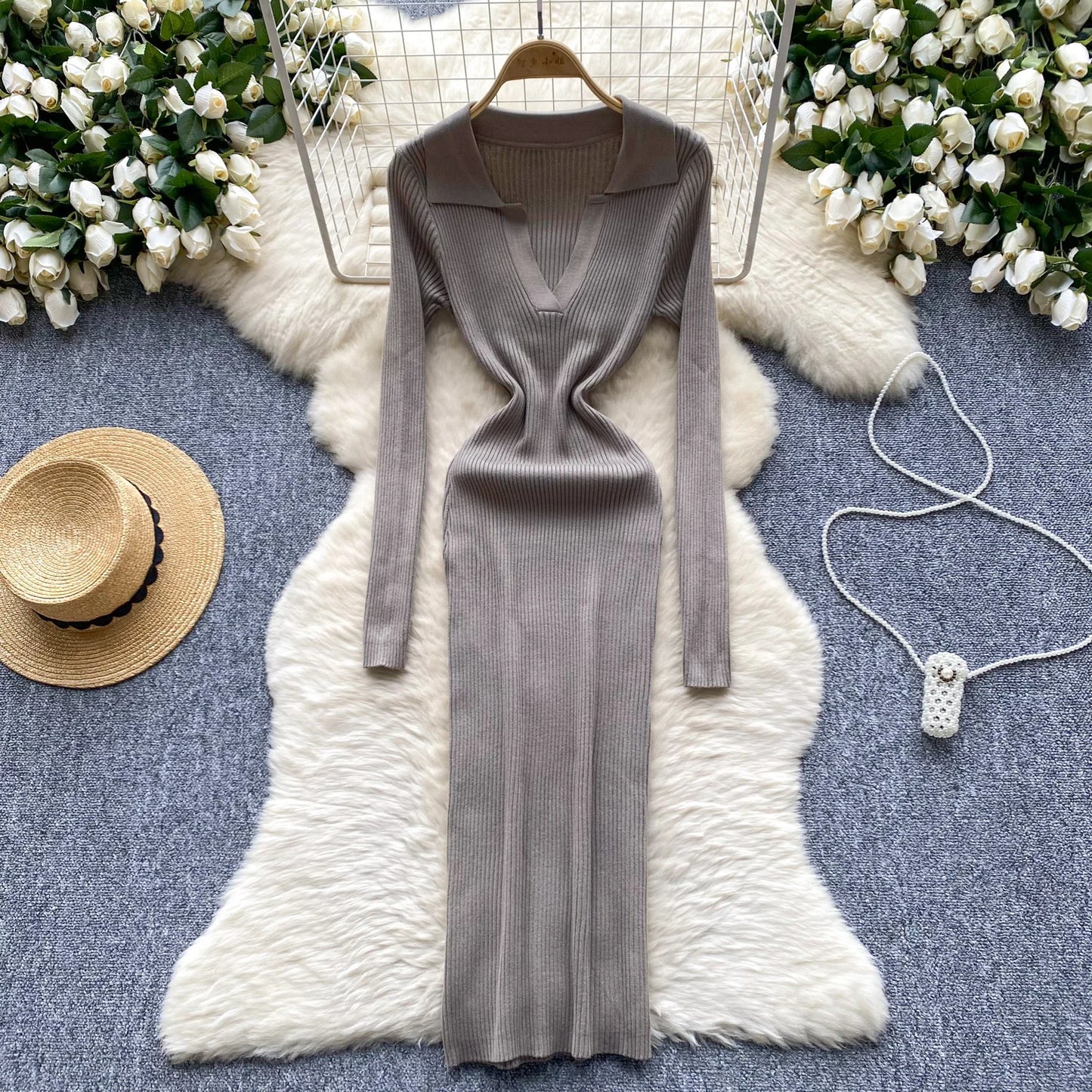 SINGREINY French Vintage Sweater Dress 2024 Ladies Lapel Long Sleeves Autumn Fashion Solid Basics Bodycon Knitted Long Dress