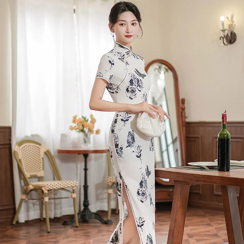 Large Size 4Xl 4Xl 5Xl Chinese Qipao Cheongsam Woman Chinese Traditional Dress Floral Print Slitting Hem Bodycon Sexy Vestidos