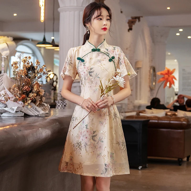 New Style Summer Improved Chiffon Cheongsam Women' Elegant Chinese Traditional Short Sleeve Qipao Dress Modern - Seprincess