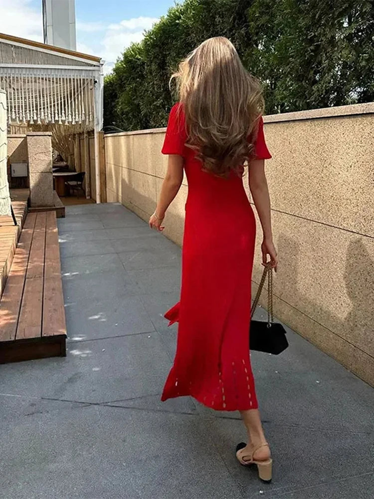 V-Neck Bubble Sleeved Knitted Beach Dresses Waist Cinched Hollowed Out Slimming Red Long Dress Single Breasted Button Women Robe - Seprincess