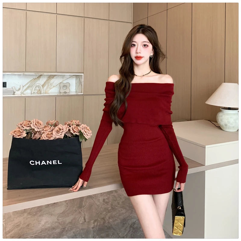 Sexy Slash Neck Mini Dress Women Vintage Elegant Black Wrap Sweater Dresses Winter Korean Red Off Shoulder Bodycon Vestidos New - Seprincess