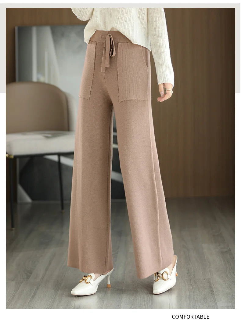 Women's Merino Wool Knitted Pants Office Lady Simple High Waist Straights Trousers Cashmere Wool Autumn Winter Thick Knitwear