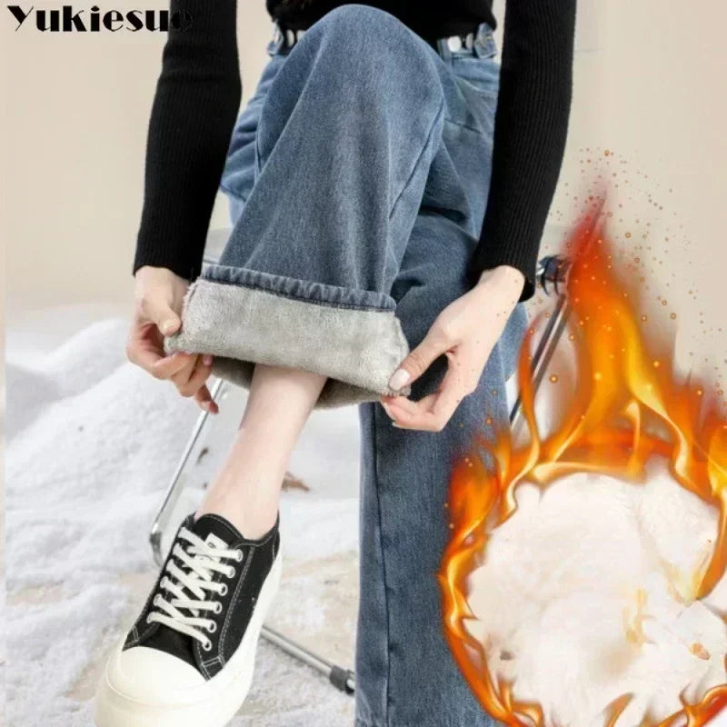 Women Pants 2023 Winter Fashion Korean Edition New Style Versatile High Waist Straight Cylinder Thick Fleece Wide Leg Jeans