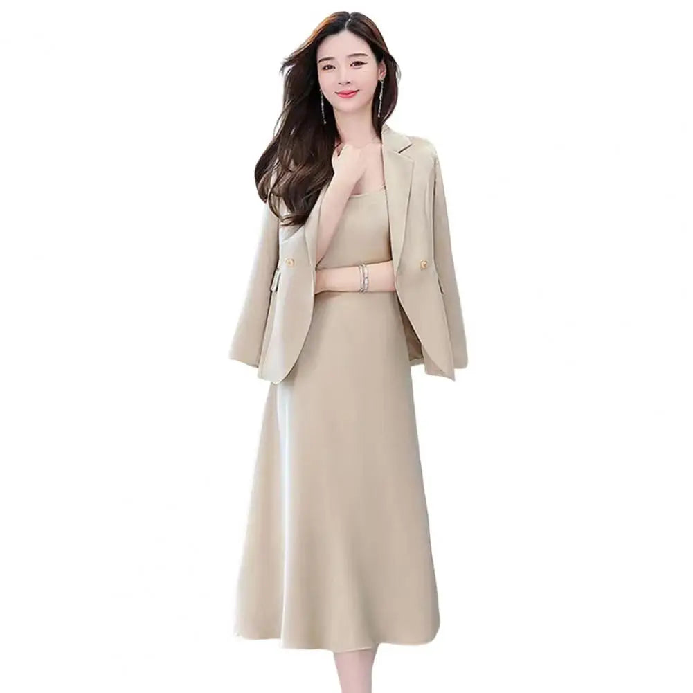 2Pcs Women Outfit Commute Trendy Office Lady Dress Coat Set Elegant Sling Style Coat Long Dress Suit Lady Business Skirt Suit - Seprincess