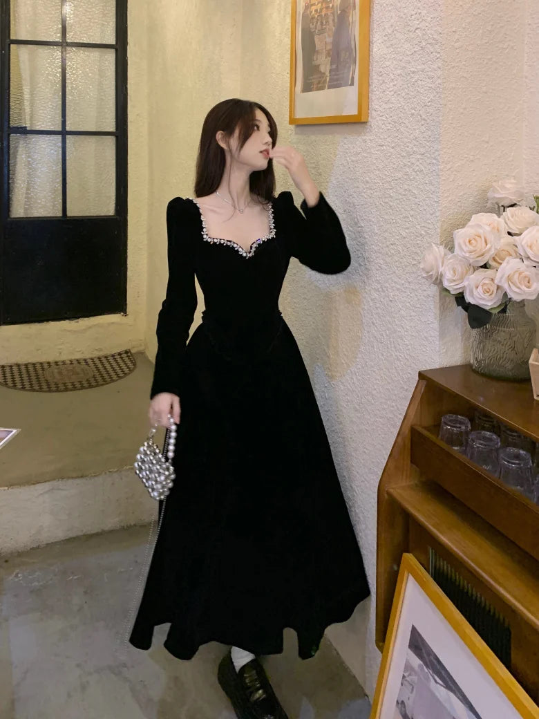 Vintage Evening Party Velvet Dresses for Woman Elegant Fashion Wedding Birthday Prom Long Sleeves Female Clothing Black Robe - Seprincess