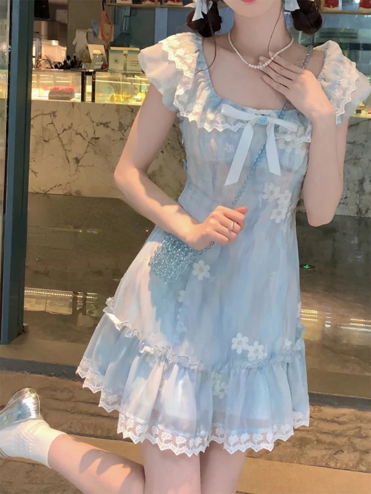 Kawaii Japanese dress lolita y2k Sweet Blue Floral Dress Women Casual Evening Party One Piece Dress Korean Fashion Summer 2024 - Seprincess