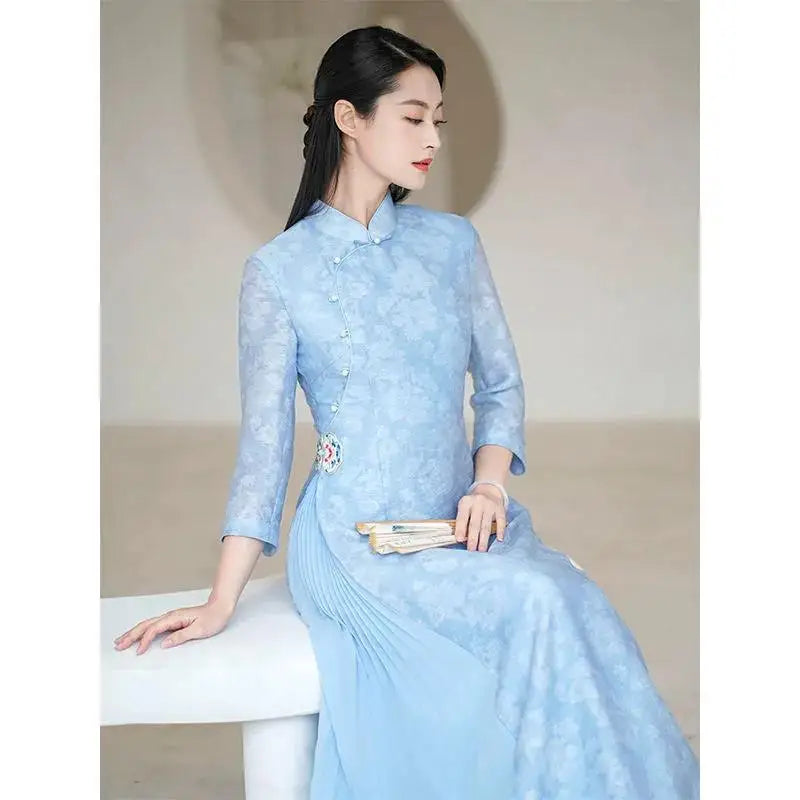 Modified Style Cheongsam Young Simple Elegant Retro Chinese Style Modern Long Qipao High-end Oriental Wedding Party Floral Dress - Seprincess