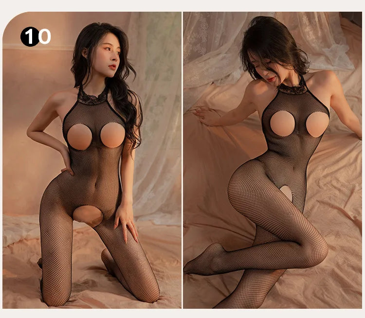 Women Sexy Crotchless Erotic Lingerie Porn Fishnet Mesh Bodysuit Female Stretch Open Crotch Porn Teddy Hollow Out Bodystockings