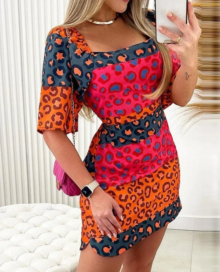 Women Sexy Backless Colorblock Leopard Print Dress Female Casual Clothing Temperament Commuting New Women's Fashion Mini Dresses - Seprincess