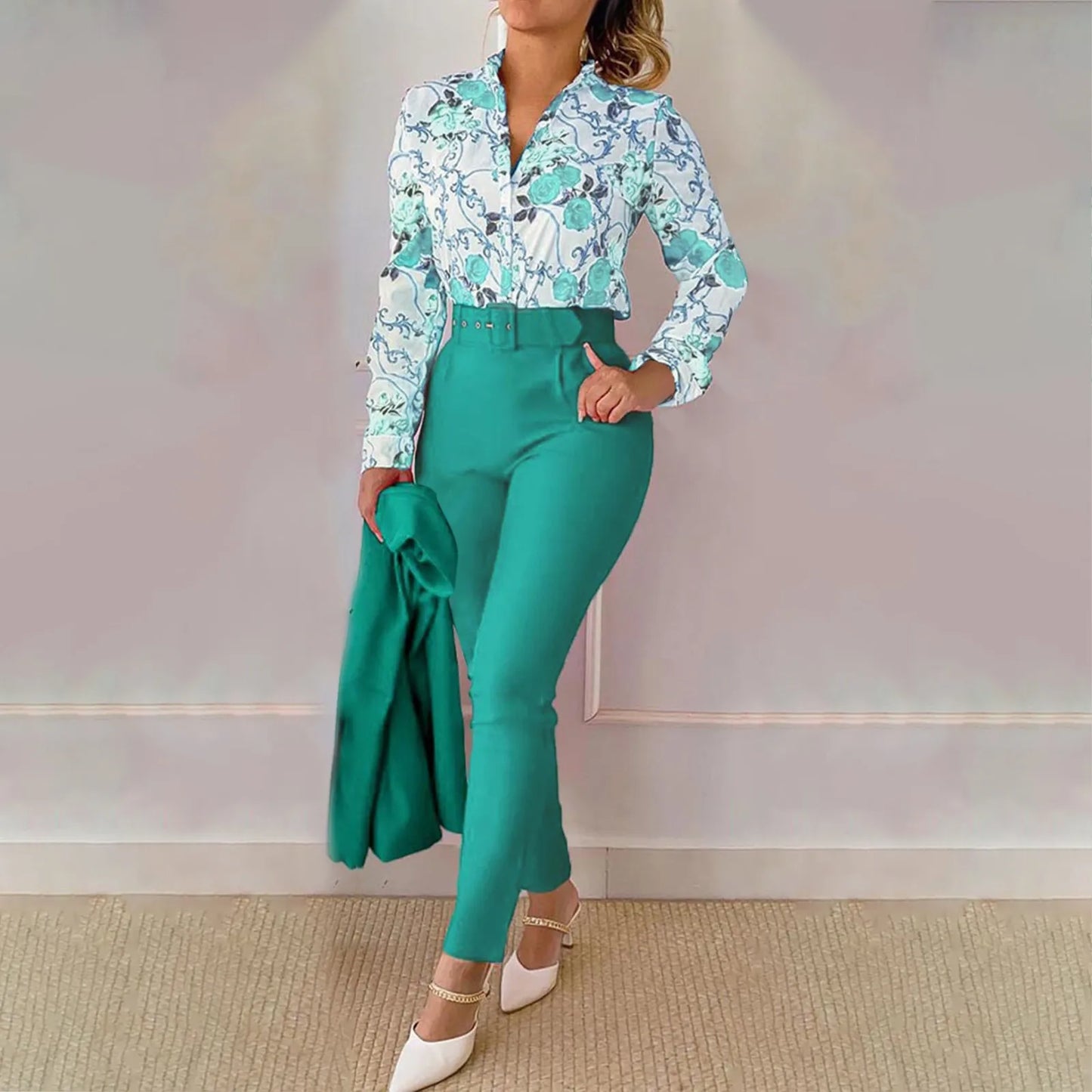 Elegant Short Sleeve Shirt Pants Set Office Lady Fashion V Neck Floral Print Ruffles Trousers Two Piece Set Women Outfit 2023 - Seprincess