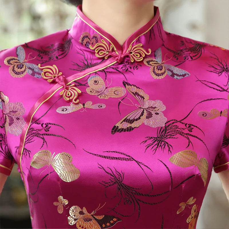 Spring Summer New Satin Qipao Pink Butterfly Print Cheongsams Women Elegant Long Dress Chinese Tradition Dresses Sexy Vestidos - Seprincess