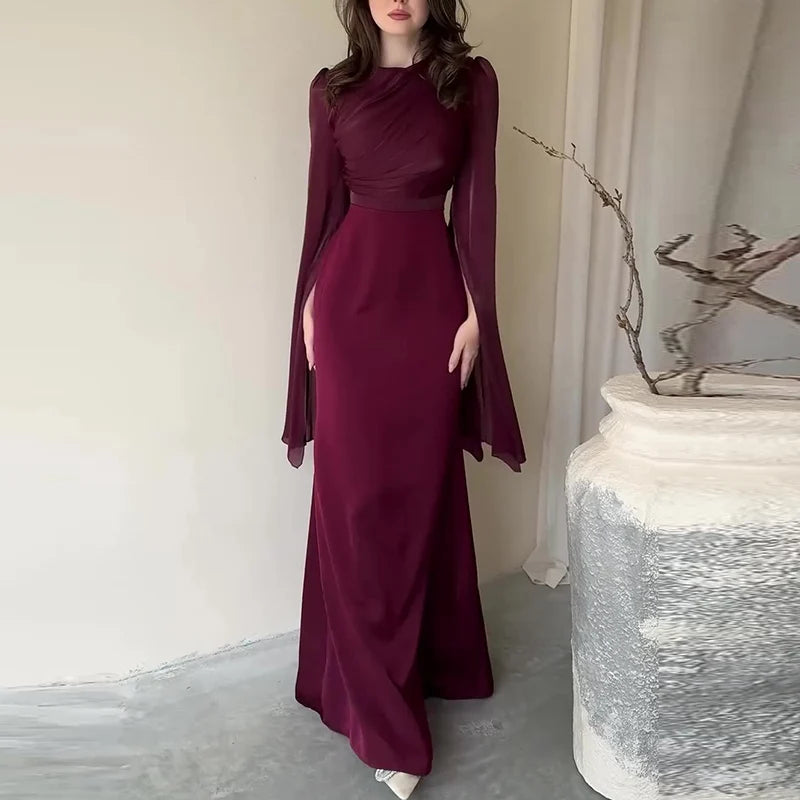 Fashion Satin Solid Robe Dress Ladies Temperament O-neck Slim Evening Dress Elegant Batwing Sleeves High Waist Pleats Long Dress - Seprincess