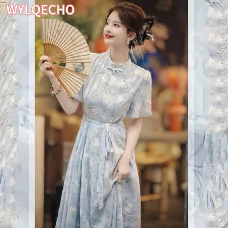 High Quality 2023 New Women Cheongsam Dress Embroidery Slim Elegant Long Qipao Chinese Style Wedding Dress Fashion Blue - Seprincess