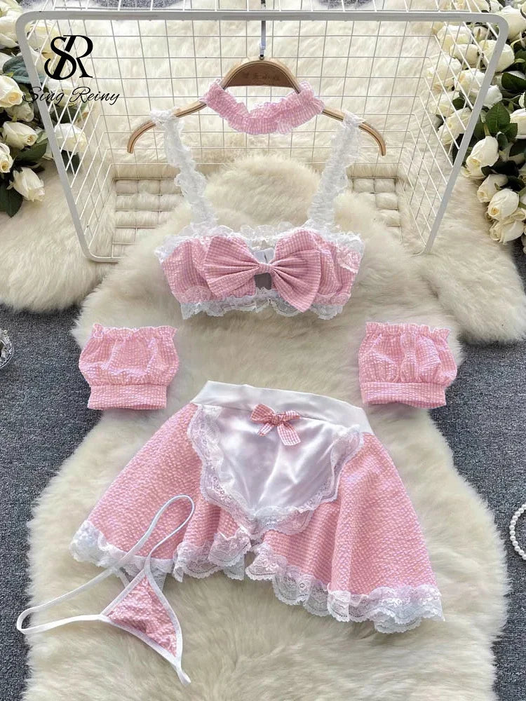 SINGREINY Maidservant Apron Dress Ladies Lace Sweet Erotic Three Pieces Sets Fashion Korean Style Plaid Cosplay Sexy Night Suits - Seprincess