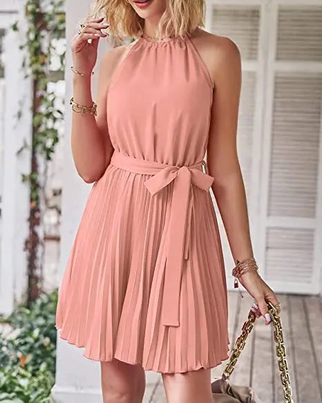 2023 Summer Short Pleated Dress Women Halter Dress Ladies Sleeveless A Line Party Dress For Women - Seprincess