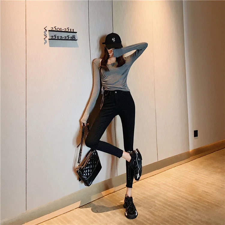 Jeans Women Spring 2023 Fashion Beige High Waist Leggings Skinny Label Pencil Pants Boots Pants