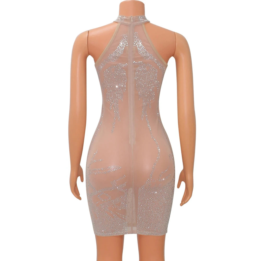 Sexy Mesh Rhinestone Short Prom Evening Mini Dress See Through Outfits Luxury For Women Night Club Party Diamond Bodycon Dresses - Seprincess