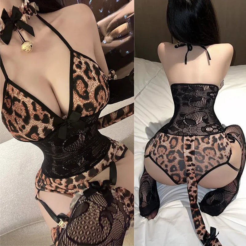 Sexy lingerie new 2024 Leopard print uniform seducing catgirl lace stockings sexy womans costume erotic costume 18 female xxx - Seprincess