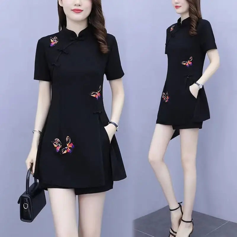 Women Single/Set Summer Slim Cheongsam Shorts Set Women's Fashionable Retro Large Improved Qipao Dress Two Piece Set Women - Seprincess