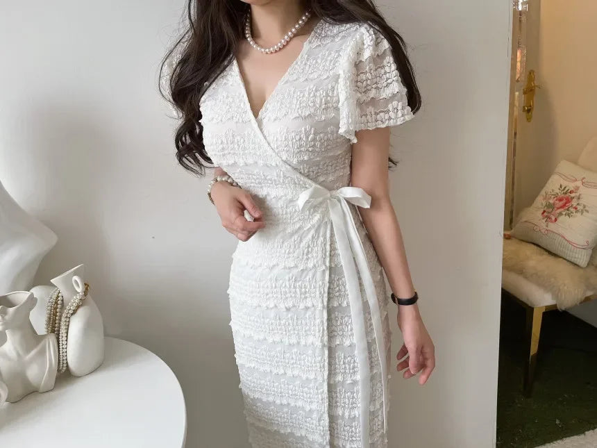 Women Elegant Bodycon Dress Summer Sexy V-neck Short Sleeve Korean Long Dresses Ladies Vintage Solid White Black Long Robe - Seprincess