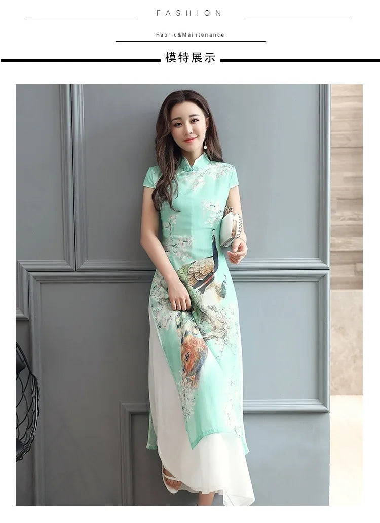 1pcs/lot Summer Elegant Slim Women Painting Cheongsam White Dress Qipao Chiffon Vintage Chinese Style Dress - Seprincess