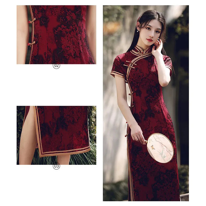 Wine Red Long Short Sleeves Cheongsam 2023 New Improved Young women Summer Silk and Satins Fashion One Piece Chinese Qipao Dress - Seprincess