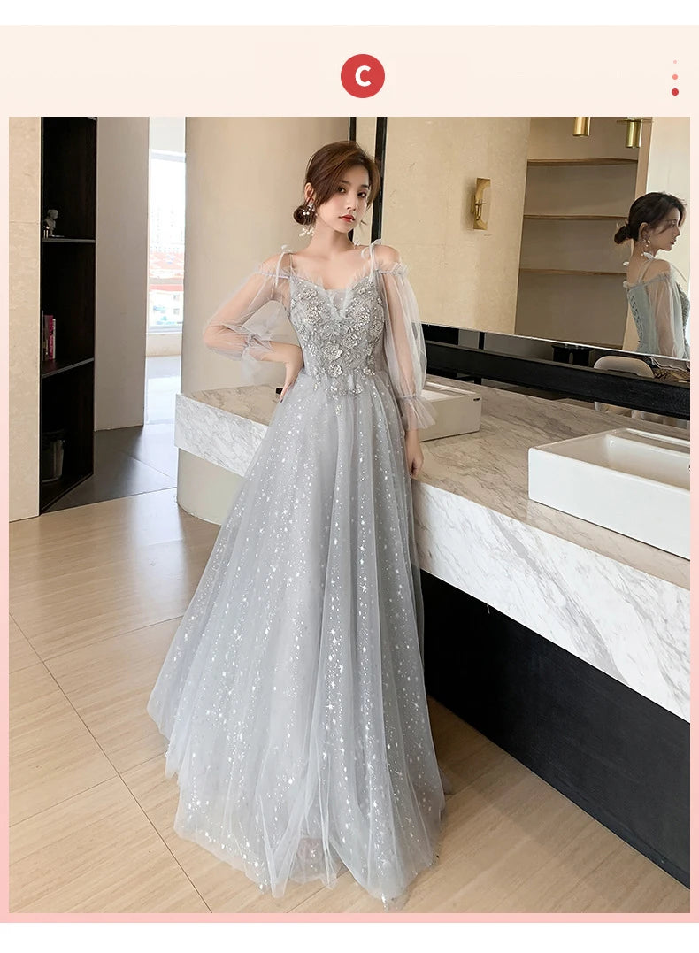 Grey Bridesmaid Dresses Elegant Women Applique Off The Shoulder Floor Length Tulle Wedding Party Dress Formal Prom Gowns - Seprincess