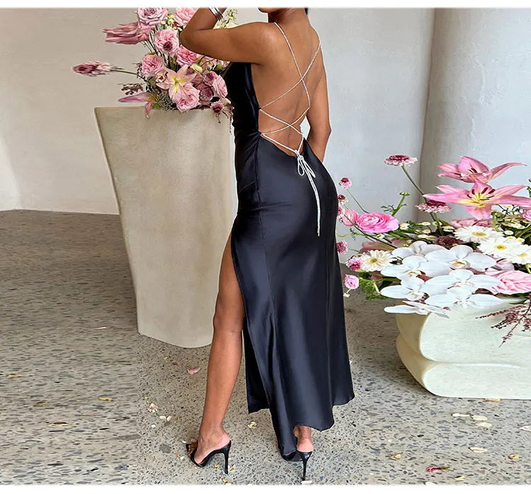 Summer Sexy Backless Dress Women's Solid Color Slim Lace Up Long Dresses Fashion Elegant Formal Dress Split Party Camisole Dress - Seprincess