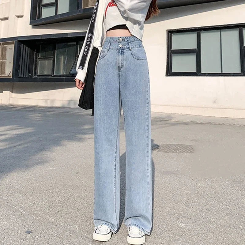 Woman High Waist Wide Leg Jeans Girls Fashion loose Straight Leg Pants Female Streetwear Light Blue Retro Blue Denim Trousers