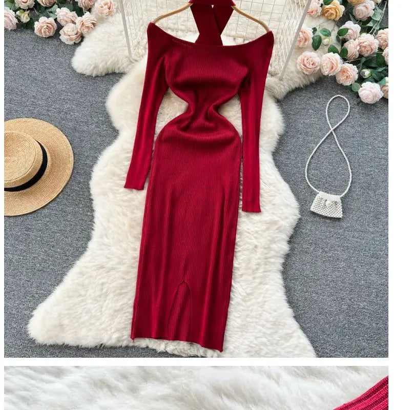 Autumn Winter Women Long Dress Elegant Halter Slim Waist Knitted Bodycon Dress Korean Office Lady Sweater Dresses Vestidos - Seprincess