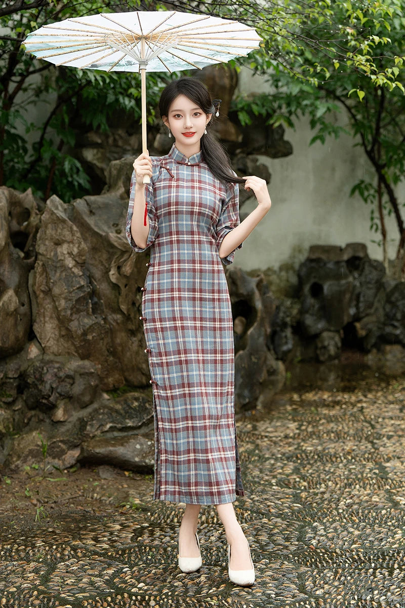 2024 Chinese Vintage Plaid Dress Women Plus Size Cheongsam 100% Cotton Qipao Long Improve Traditional Dresses 23622 - Seprincess