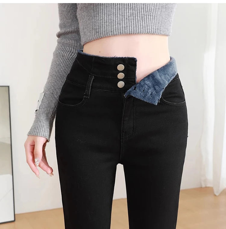 Epligg Thermal Winter Thick Women Stretch Button Pencil Pants Velvet Casual Jeans Thick Fleece High-waist Warm Skinny Jeans