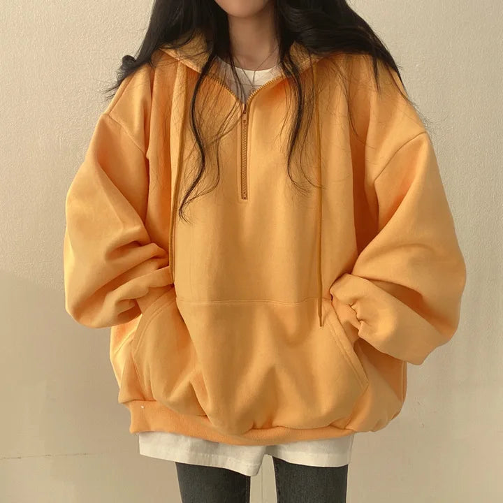 Women Hoodie Harajuku Loose Oversized Solid Color Top Half Zip Up Sweatshirt Female Casual Long Sleeve Pocket Hooded Coats 2024 - Seprincess