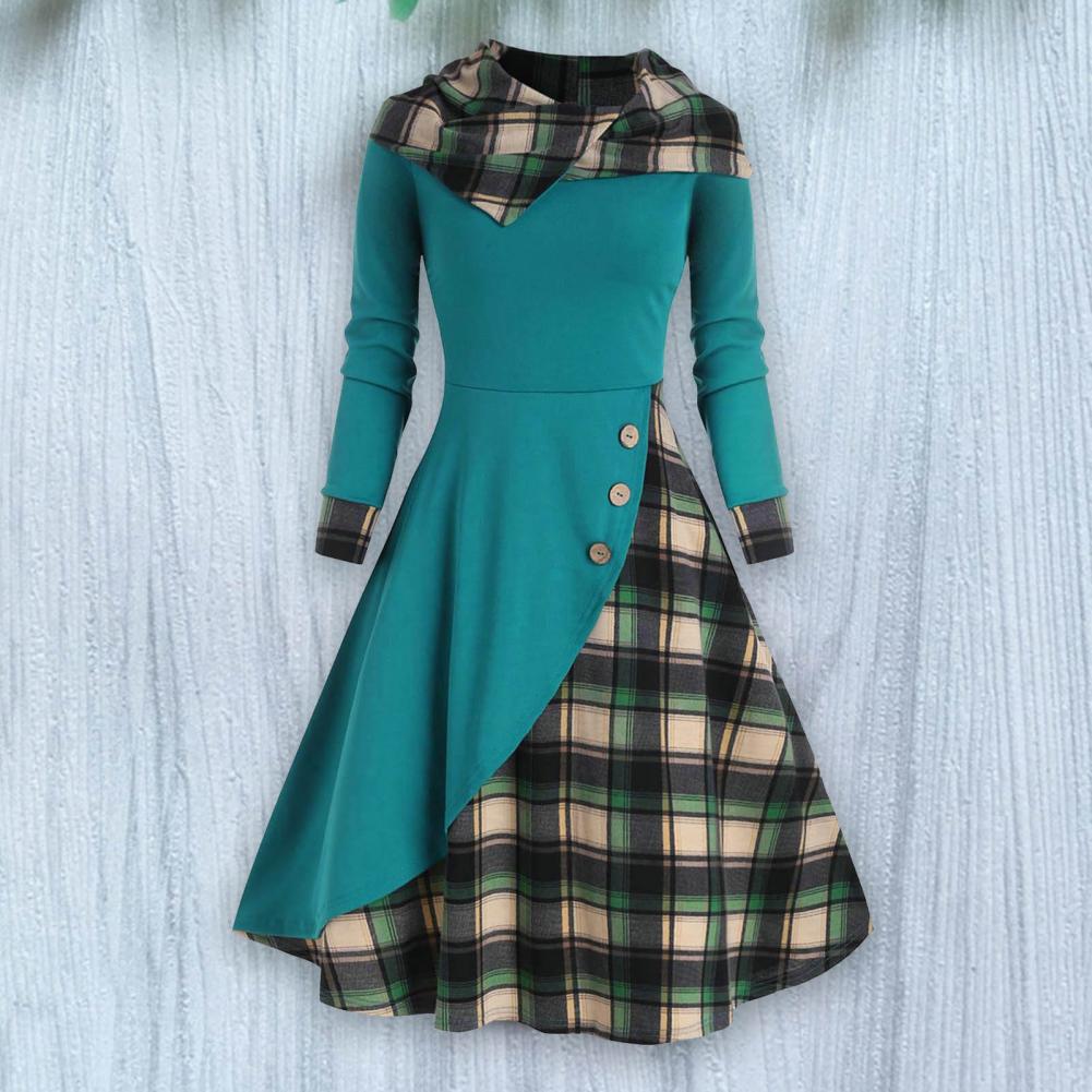 Elegant Dress Women Autumn Irregular Pile Collar Hooded Button Waist Tight Plaid Patchwork Print Large Hem Midi Dress - Seprincess