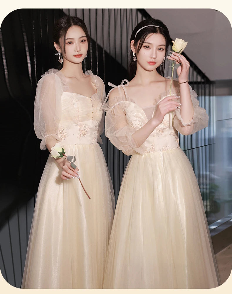 Champagne Bridesmaid Dress Women's Sweet Tulle Embroidery New Temperament Sisters Evening Dresses A-Line Wedding Party Gown - Seprincess