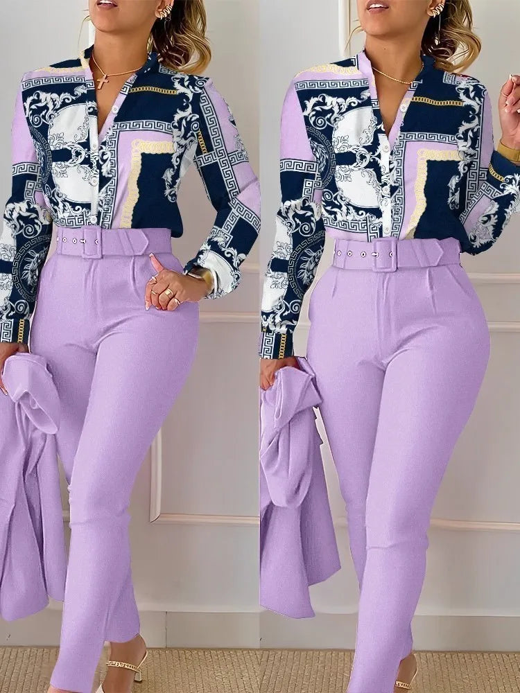 Elegant Women Printed Two Piece Suit Sets Spring Autumn V Neck Long Sleeve Shirt Top & Long Pants Set With Belt Workwear Outfits