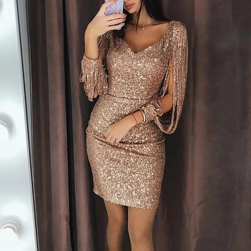 Women's Sparkly Sequin Short Evening Dress, V Neck, Chic Tassel, Long Sleeve, Solid Silver, Female, Wedding, Sexy, Fashion - Seprincess