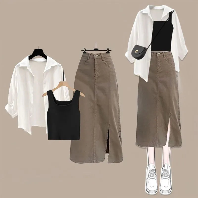 2024 Summer New Korean Elegant Dress Matching Set Women's Fashion Sunscreen Shirt+Vest+Cowboy Midi Skirt Three Piece Female Suit - Seprincess