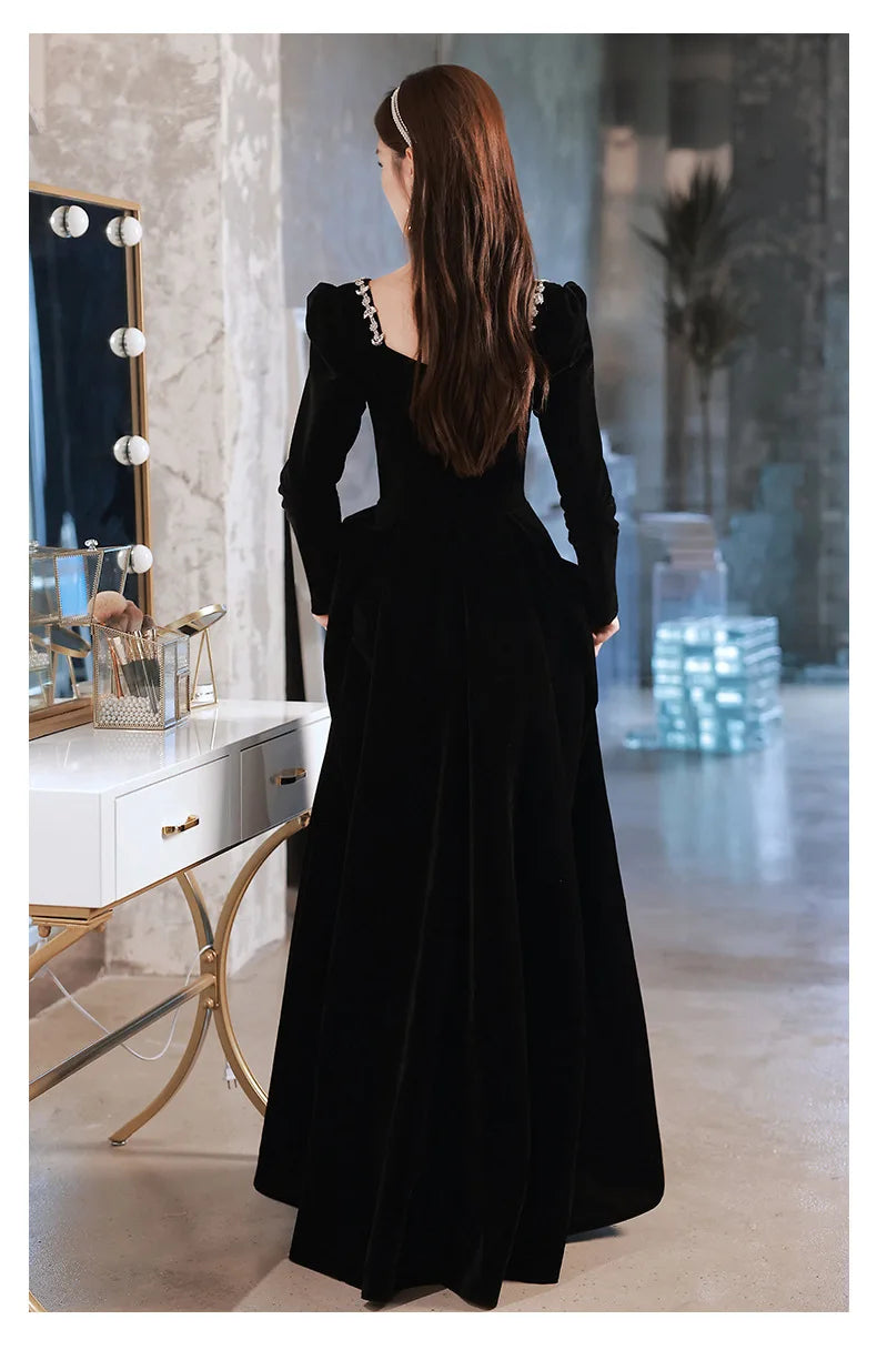 Black Evening Dresses Long Sleeve Square Collar Elegant Velvet Dress Beading Crystal Formal Gowns 2023 New Vestido - Seprincess