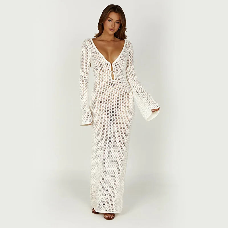 Sexy Women Long Knit Beach Dress Hollow-Out Deep V-Neck Long Sleeve Bikini Cover-Ups Dress Fall Backless Holiday Dress - Seprincess