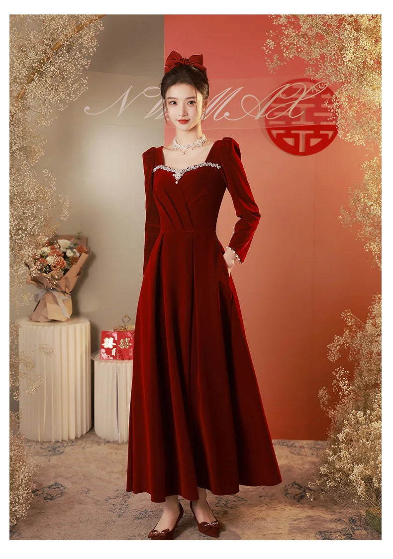 Burgundy Velvet Prom Dresses Square Collar Long Sleeve Pearl Crystal Long Engagement Dress Plus Size Female Formale Gowns - Seprincess