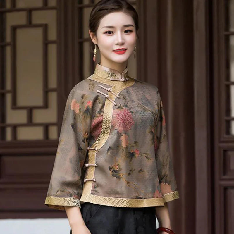 Cheongsam Women's Plus Size Tops 2024 Autumn Fashion Satin Fabric Prints Splicing Stand Collar Chinese Style Qipao Shirts Woman - Seprincess