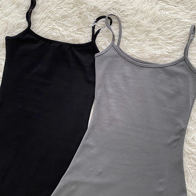 Sexy Womens Straps Dress Sleeveless Korean Fashion Summer Black Dress Grey Suspender Simple Temperament Longuette Skirt Dress