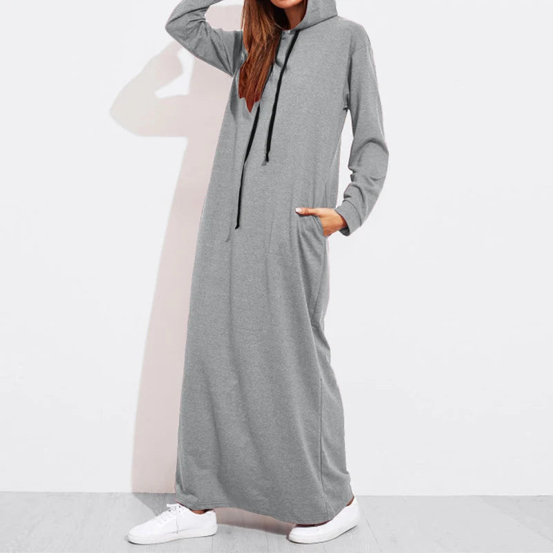 Celmia 2024 Autumn Women Hooded Maxi Dress Casual Solid Long Sleeve Pockets Party Hoodies Dress Long Vestido Robe Drawstring - Seprincess